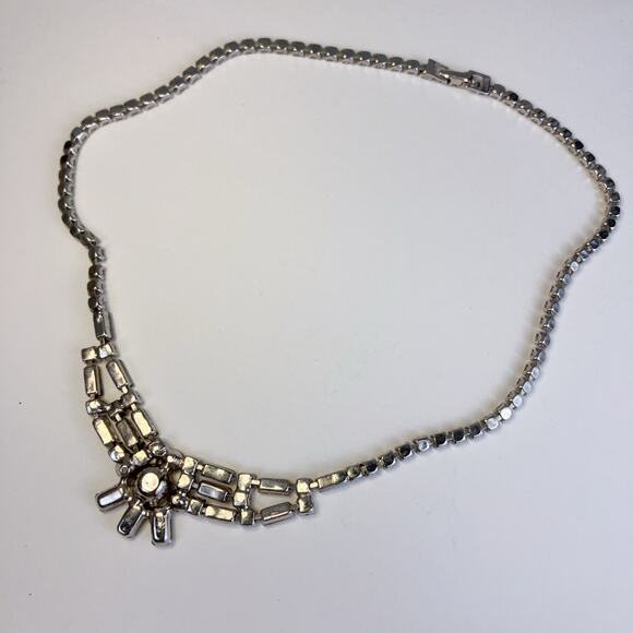 VTG Mid Century Rhinestone Necklace Baguette Crystal Silver Tone 1950s Jewelry - Picture 9 of 12